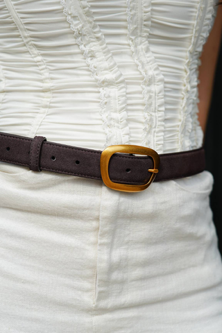Suede Belt with Organic Shape Buckle - Chocolate