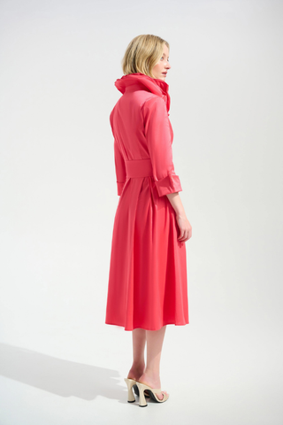 Ribkoff 261719 Signature | Stretch Taffeta Fit And Flare Dress With Lapel Collar  Woman wearing a coral dress with a hood on a white background
