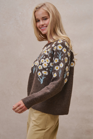 Daisy Embossed 3D Floral Knit Sweater - Brown UDSW0218