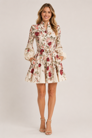 Floral Rose Belted Short Dress oo la la M10506-IVORY