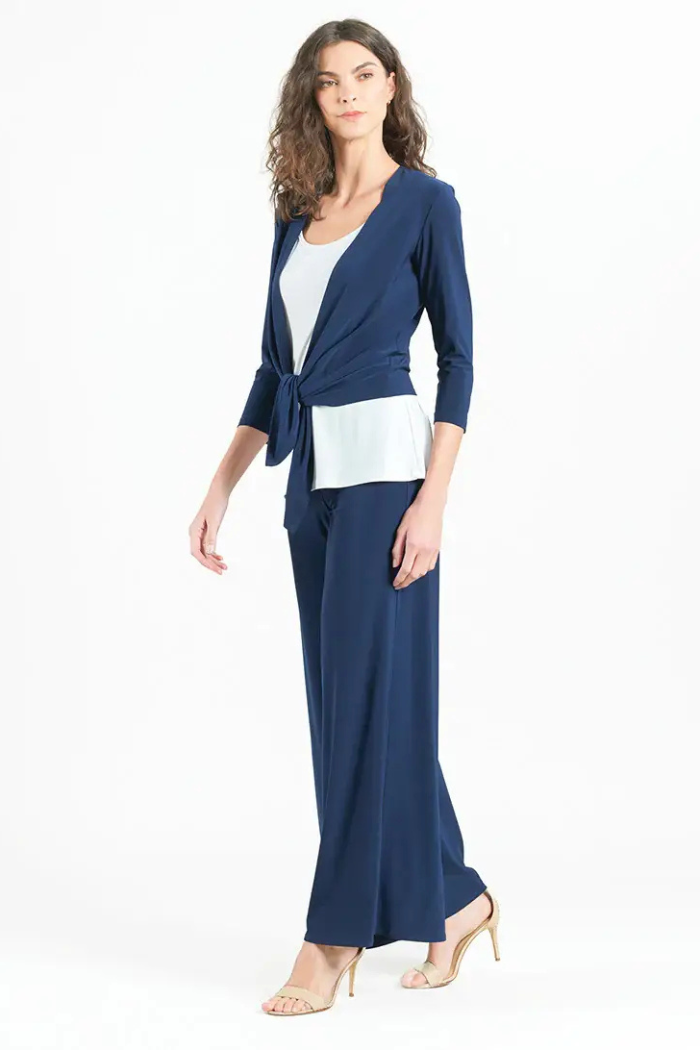 Modern Navy Tie Front Cardigan - Wrinkle-Free Travel Knit