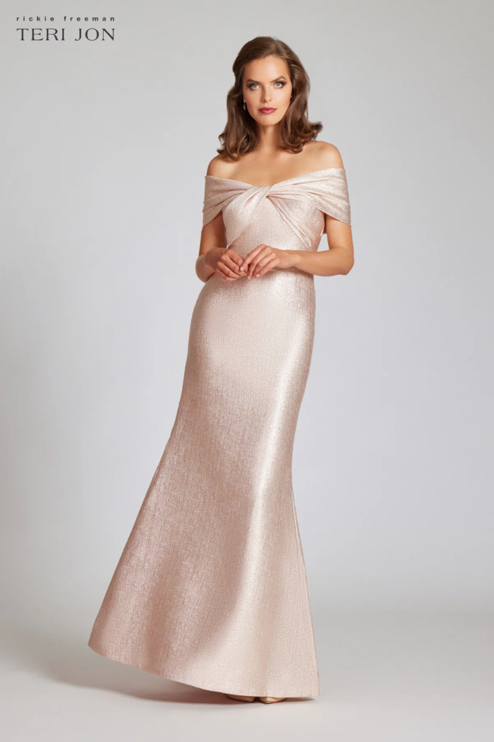 Metallic Jacquard Twist Bodice Off The Shoulder Gown Metallic Jacquard Twist Bodice Off The Shoulder Gown