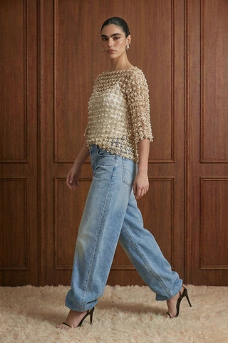 Floral Guipure Pearl-Embellished Overlay Top - Gold