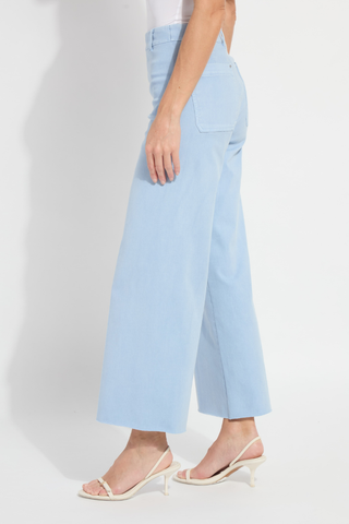 Lyssé Erin Wide Leg Denim - Antique Wash Chalk Blue 10-3209-M9 Light blue wide-leg jeans worn by a person on a white background