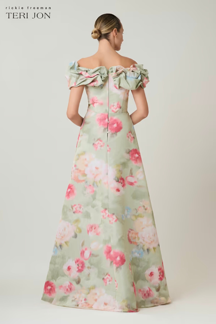 Teri Jon 269021 Taffeta Digital Print Off-Shoulder Gown