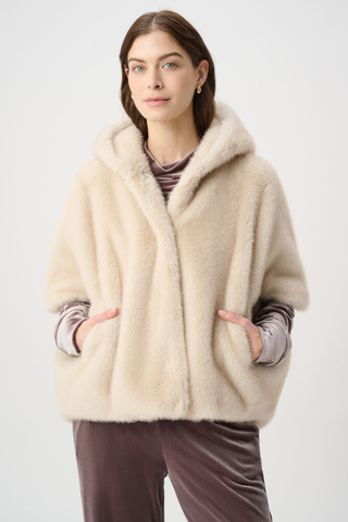 Ribkoff 264910 Short‑Sleeve Faux Fur Cocoon Coat  Woman wearing a cream-colored fleece jacket on a white background