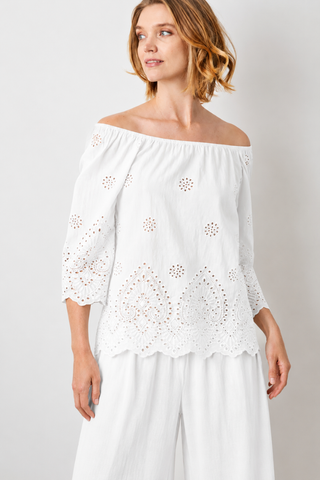 Suzy D Whimsy Broderie Anglais Bardot Wide Sleeve Top