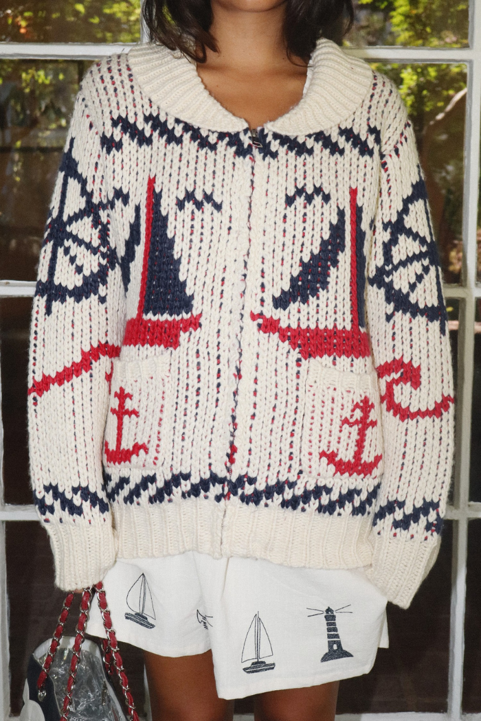 Bailey Rose Nautical Anchor Chunky Knit Full-Zip Cardigan