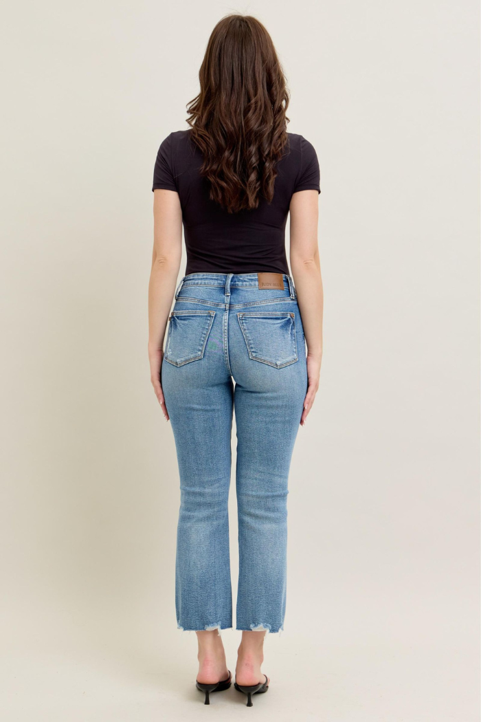 Judy Blue Mid Rise Vintage Wash Destroy Hem Kick Flare Jeans