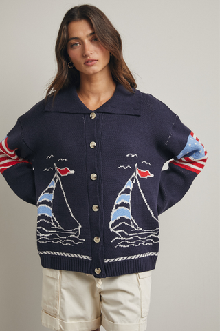 Wishlist Sailboat Cardigan Sweater WL25-11910 Navy