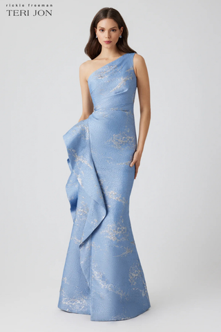 Teri Jon 247059 Metallic Jacquard One Shoulder Side Ruffle Gown