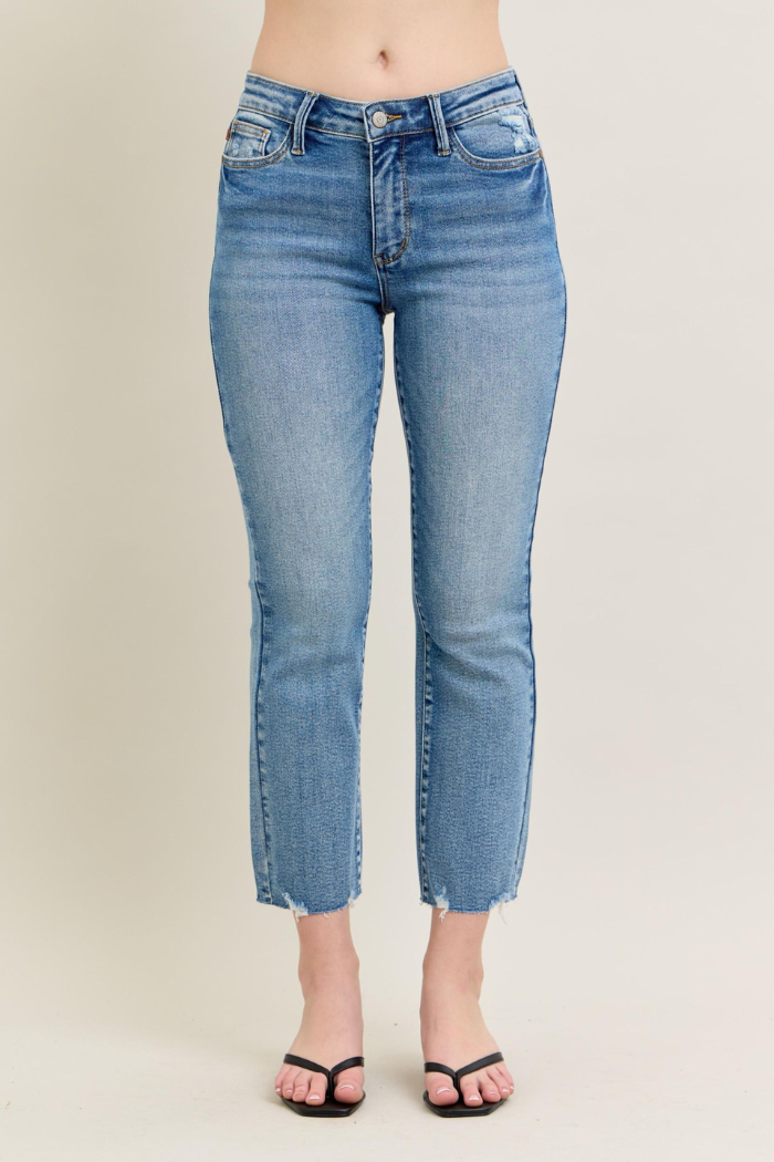 Judy Blue Mid Rise Vintage Wash Destroy Hem Kick Flare Jeans