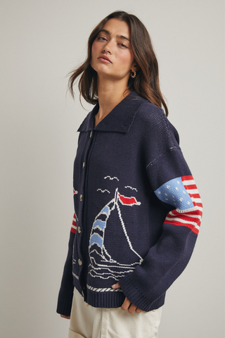 Wishlist Sailboat Cardigan Sweater WL25-11910 Navy