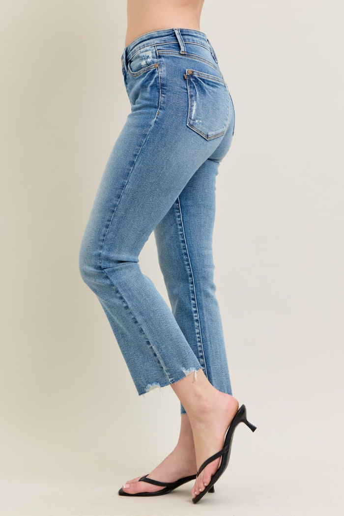 Judy Blue Mid Rise Vintage Wash Destroy Hem Kick Flare Jeans