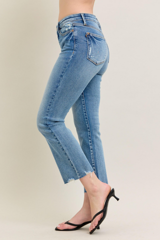 Judy Blue Mid Rise Vintage Wash Destroy Hem Kick Flare Jeans