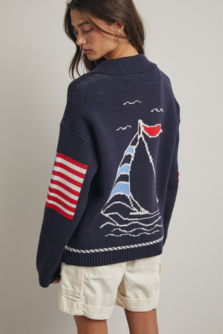 Wishlist Sailboat Cardigan Sweater WL25-11910 Navy