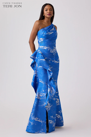 Teri Jon 247059 Metallic Jacquard One Shoulder Side Ruffle Gown