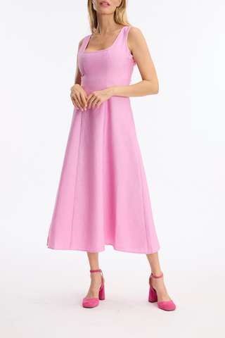 Leo & Ugo KER063 Nina Open Back Midi Dress Woman wearing a pink dress on a white background
