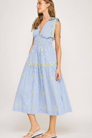 Strut & Bolt Lemon Embroidery Bow Strap Detail Stripe Midi Dress SSB-D-10504-JK-3