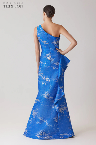 Teri Jon 247059 Metallic Jacquard One Shoulder Side Ruffle Gown