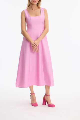 Leo & Ugo KER063 Nina Open Back Midi Dress Woman wearing a pink dress on a white background