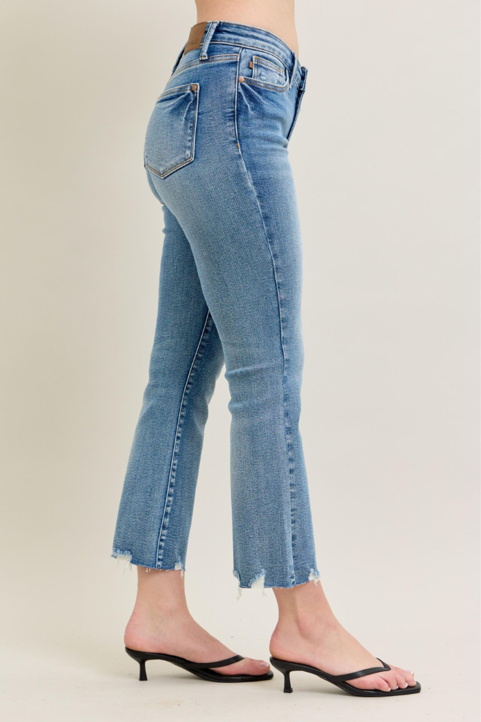 Judy Blue Mid Rise Vintage Wash Destroy Hem Kick Flare Jeans