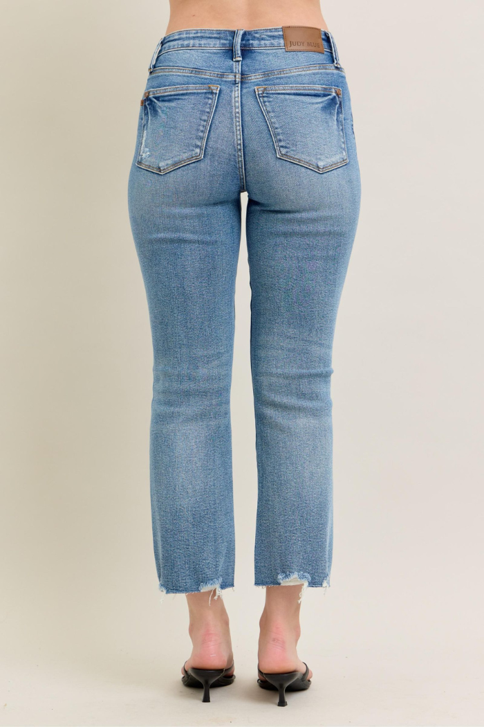Judy Blue Mid Rise Vintage Wash Destroy Hem Kick Flare Jeans
