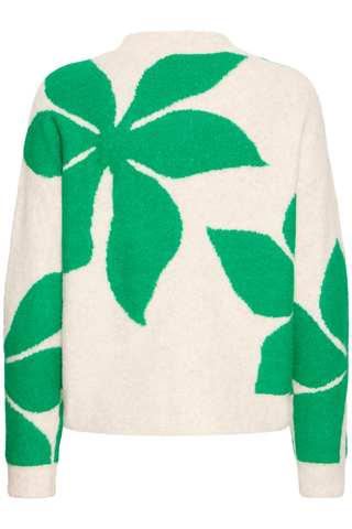 White sweater with green leaf patterns on a white background b. young BYOmea Flower Sweater