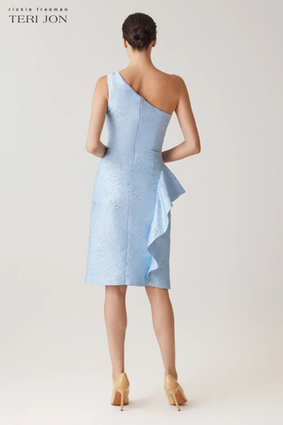 Teri Jon 259269 Jacquard One Shoulder Side Ruffle Dress