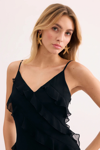 Leo & Ugo KER094 Angelina Black Long Dress with Ruffles  Woman wearing a black ruffled dress against a white background