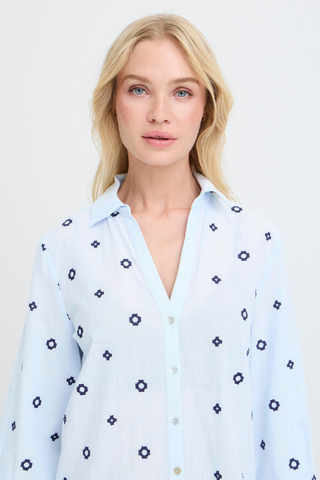 Woman wearing a light blue shirt with a subtle pattern on a plain background b. young BYFabienne Long Sleeve Shirt