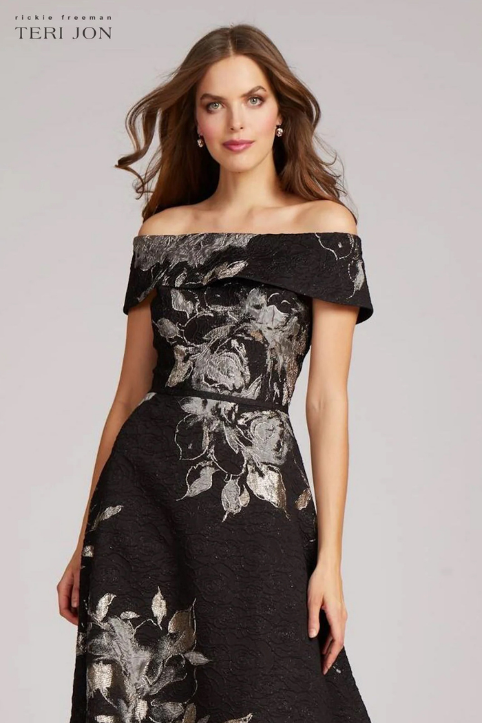 teri jon dresses on sale Dress 207275 print organza features a cascading side ruffle Two rosette embellishments Approx Teri Jon Metallic Jacquard Shirtwaist