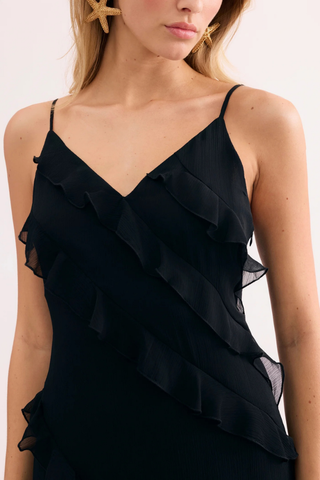 Leo & Ugo KER094 Angelina Black Long Dress with Ruffles  Black ruffled top worn by a person on a light pink background