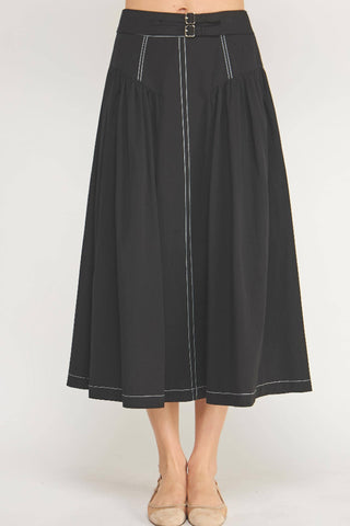 Strut & Bolt Top Stitch Buckle Detail Poplin Midi Skirt - Black S-8474-JK-2