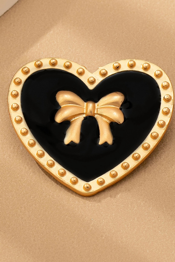 Elegant Black & Gold Heart Bow Brooch Pin