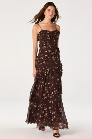 ASTR Journee Tiered Maxi Dress ACDR103524 Chocolate Floral