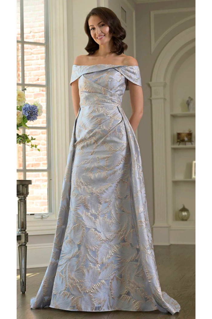 Marsoni MV1382 Jacquard Off-Shoulder Gown with Detachable Overskirt