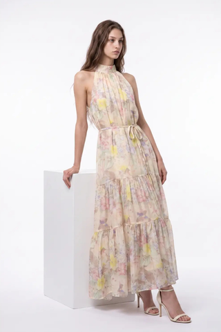 Tropical Floral Print Belted Maxi Halter Dress Beulah AC3218