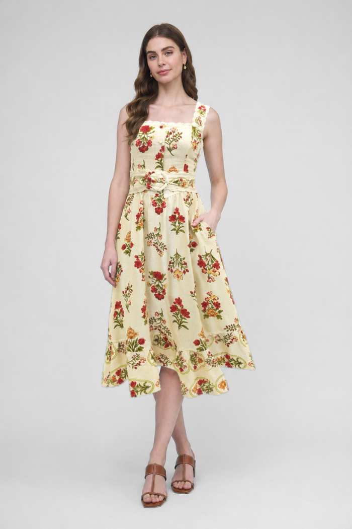 Zoe and Claire Floral Linen Belted Dress