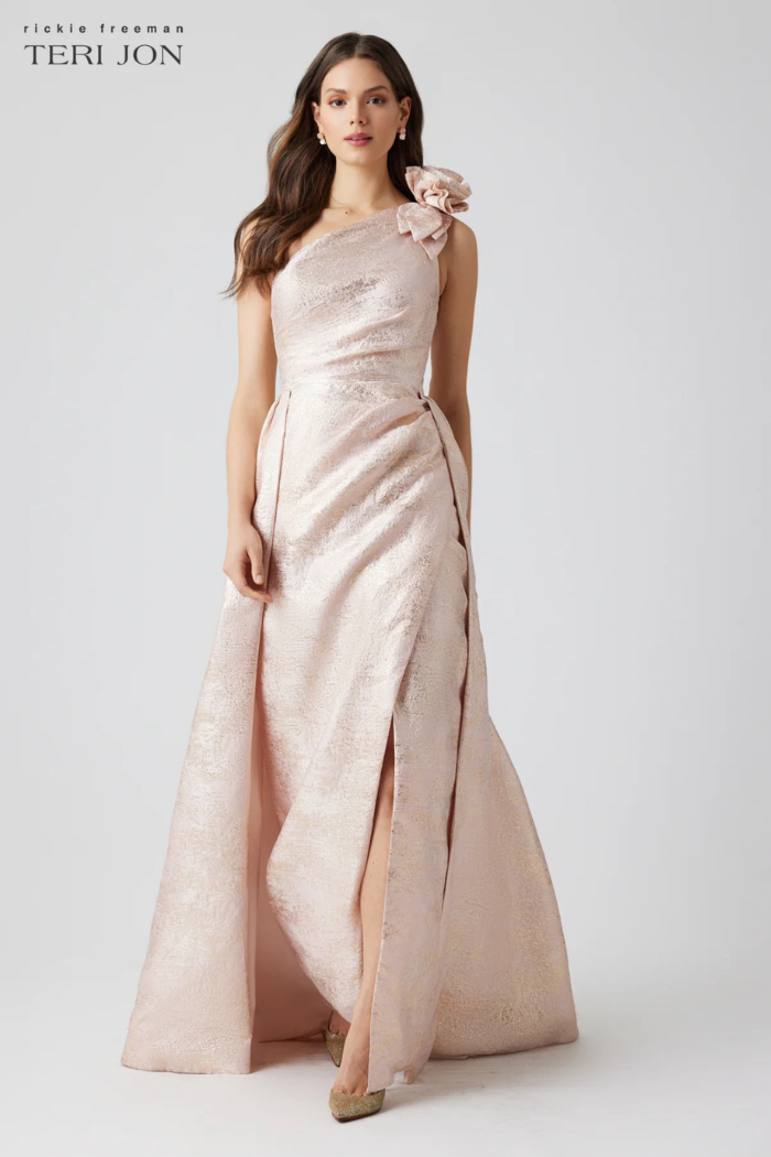 Teri Jon Metallic Jacquard One-Shoulder Pink Gown with 3D Flower Detail – The Dressing Room