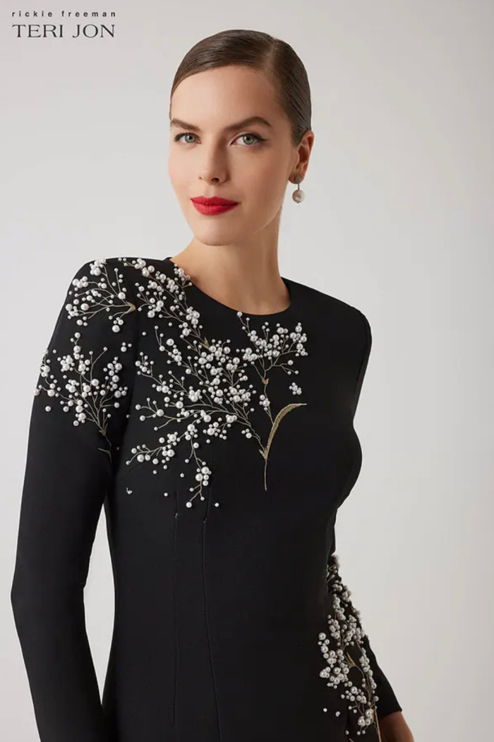 Teri Jon 257048 | Crepe Floral Pearl Applique Gown