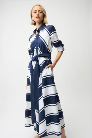Ribkoff 261936 Cotton Stripe Print Fit and Flare Shirt Dress with Reversible Sash