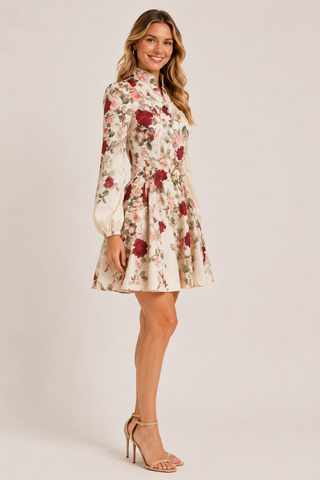 Floral Rose Belted Short Dress oo la la M10506-IVORY