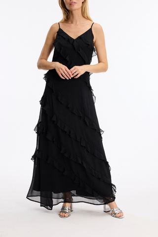 Leo & Ugo KER094 Angelina Black Long Dress with Ruffles Woman wearing a black ruffled dress on a white background
