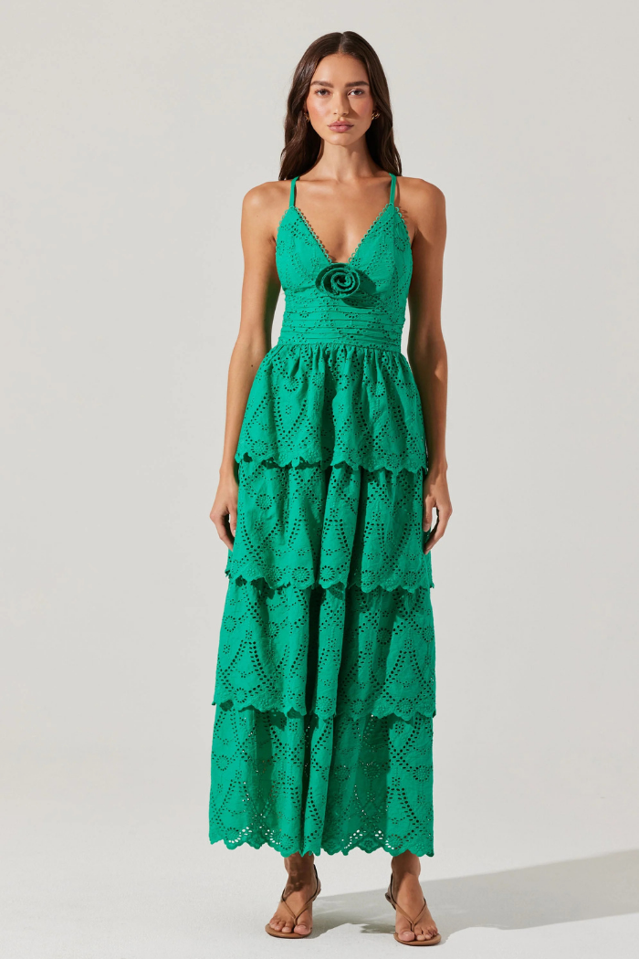ASTR Faeryn Eyelet Tiered Maxi Dress - Emerald