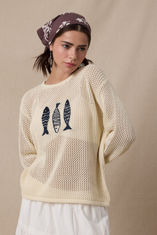 Wishlist Fish Trio Open Knit Sweater WL25-11986 Natural/Navy