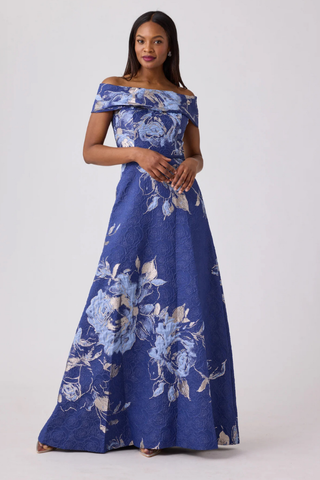 Teri Jon 217048 Large Floral Pattern Jacquard Off The Shoulder Gown