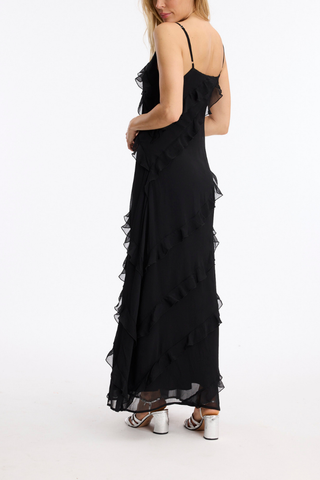 Leo & Ugo KER094 Angelina Black Long Dress with Ruffles Black ruffled dress worn by a model on a white background