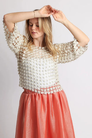Floral Guipure Pearl-Embellished Overlay Top - Ivory
