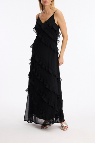 Leo & Ugo KER094 Angelina Black Long Dress with Ruffles  Black ruffled evening gown on a white background
